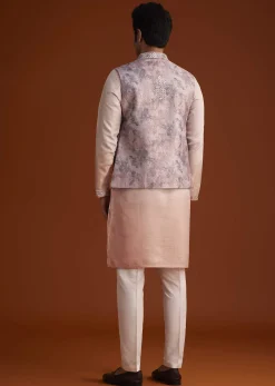 Peach Kurta Set With Embellished Nehru Jacket
