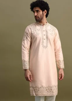 Peach Kurta Set With Gold And Silver Zari Work