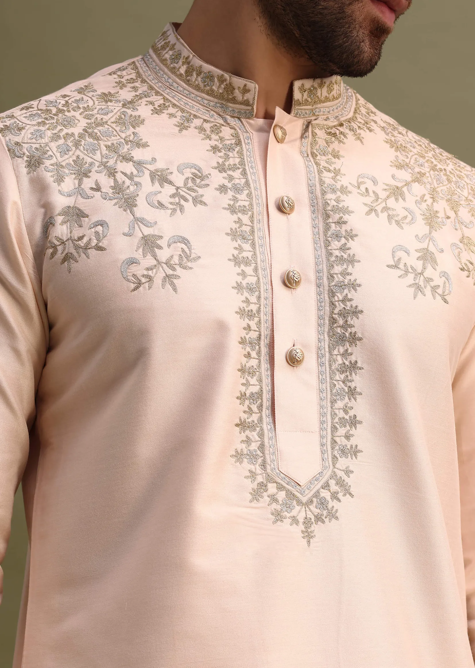 Peach Kurta Set With Gold And Silver Zari Work