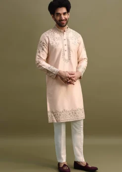 Peach Kurta Set With Gold And Silver Zari Work