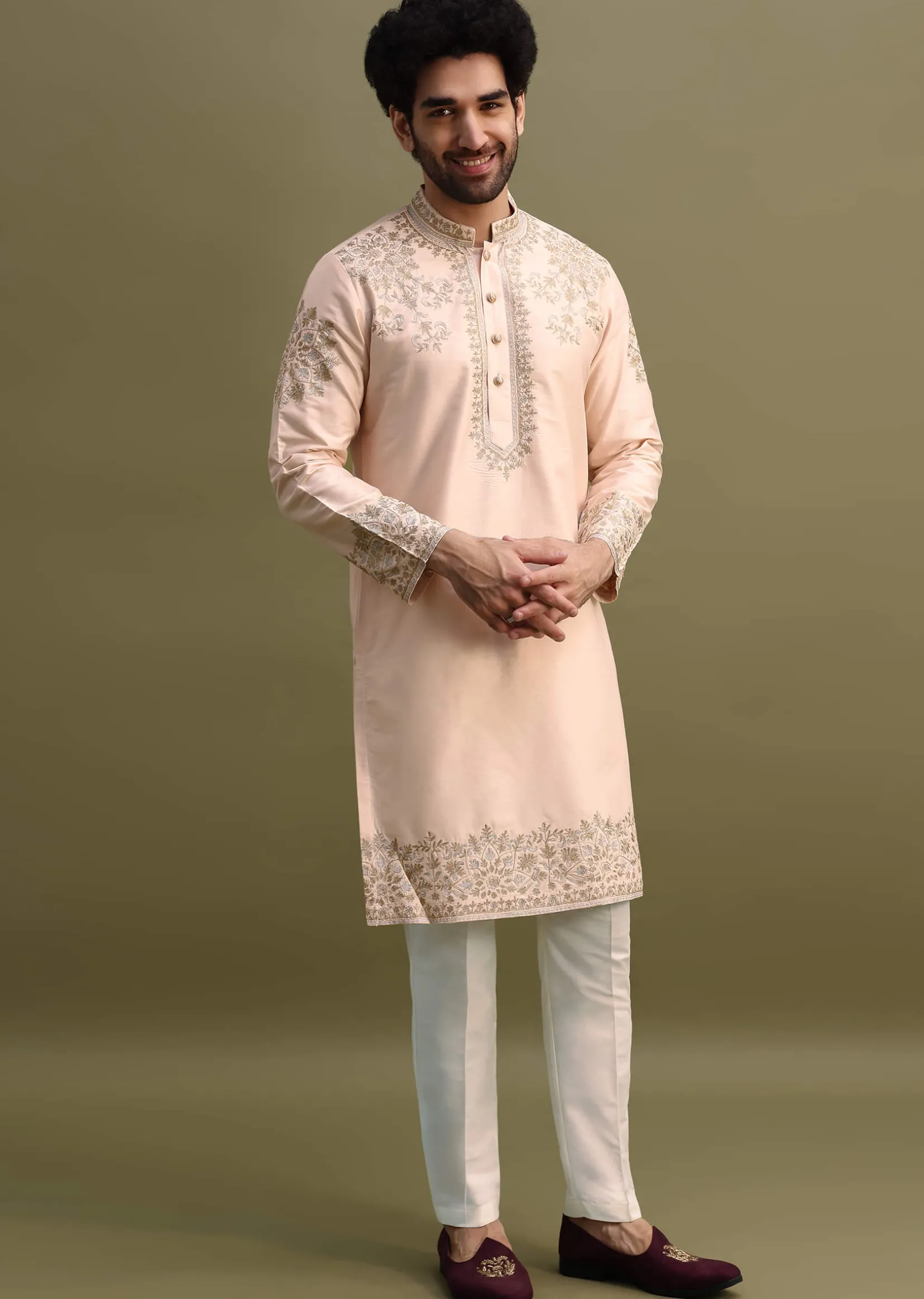 Peach Kurta Set With Gold And Silver Zari Work