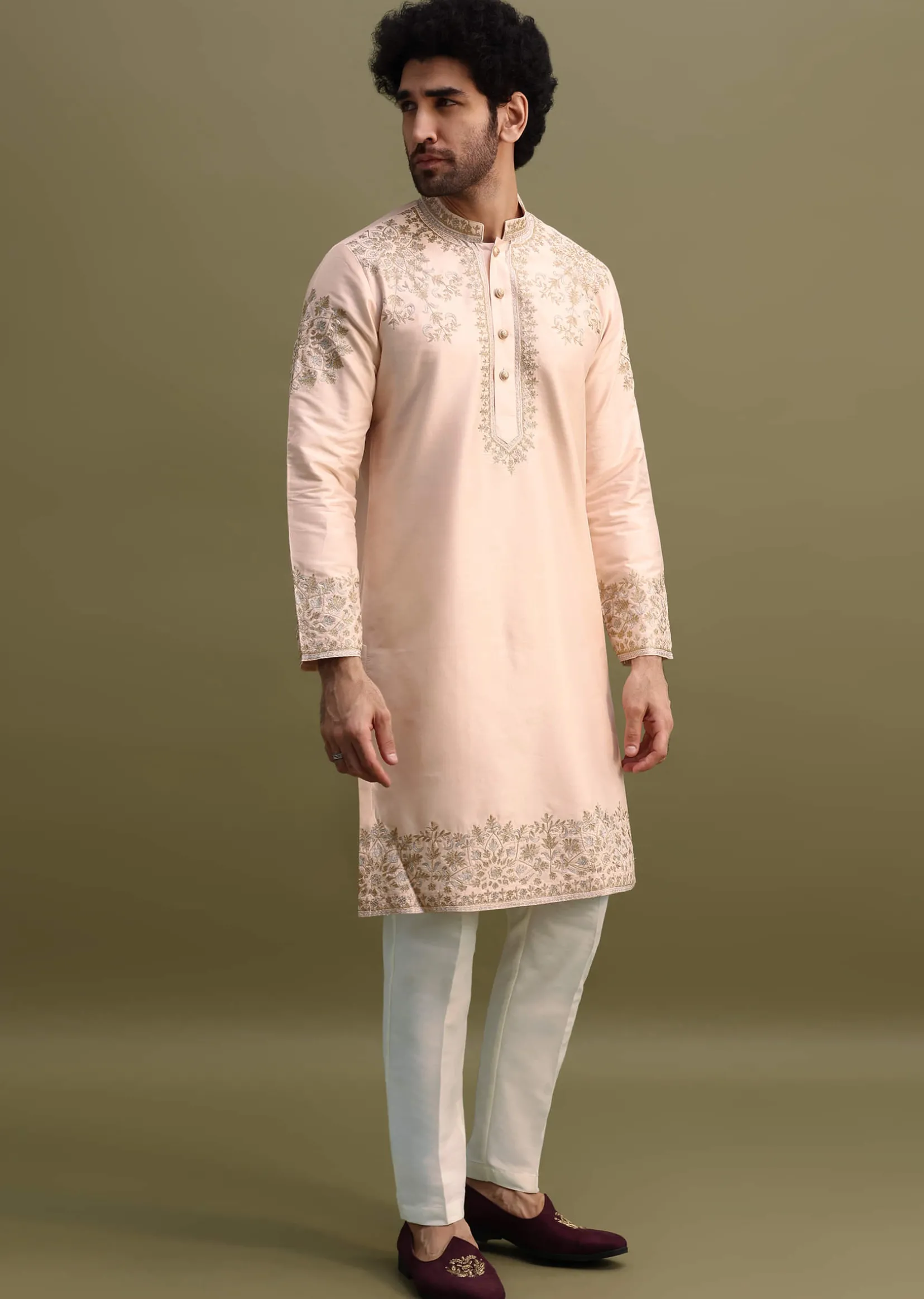 Peach Kurta Set With Gold And Silver Zari Work