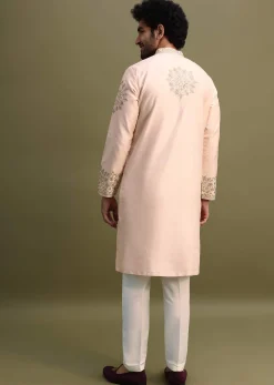 Peach Kurta Set With Gold And Silver Zari Work