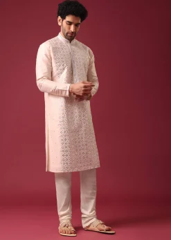 Peach Kurta Set With Mirror Work In Silk