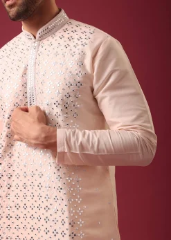 Peach Kurta Set With Mirror Work In Silk