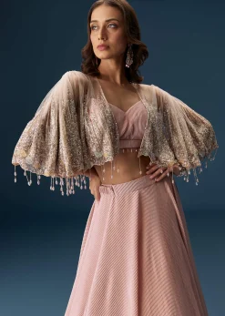 Peach Lehenga With Embroidered Blouse And Coordinating Cape