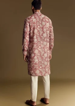 Peach Linen Kurta Set With Floral Print And Kantha Work