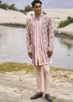 Peach Linen Sherwani With Hand Embroidery