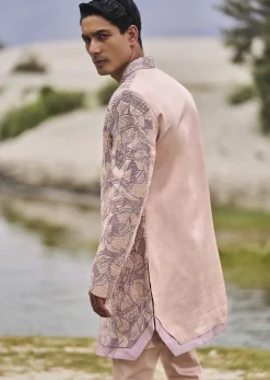 Peach Linen Sherwani With Hand Embroidery