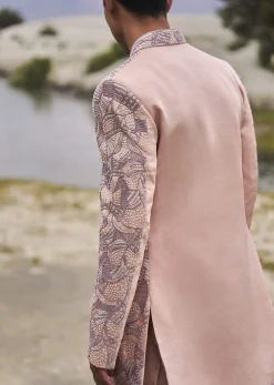Peach Linen Sherwani With Hand Embroidery