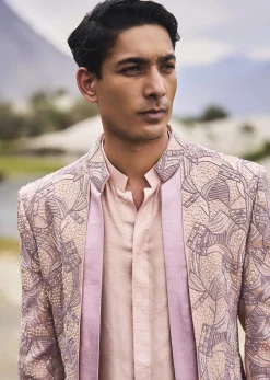 Peach Linen Sherwani With Hand Embroidery