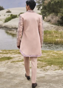 Peach Linen Sherwani With Hand Embroidery