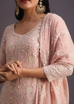 Peach Lucknowi Kurta Set With Resham Work Dupatta