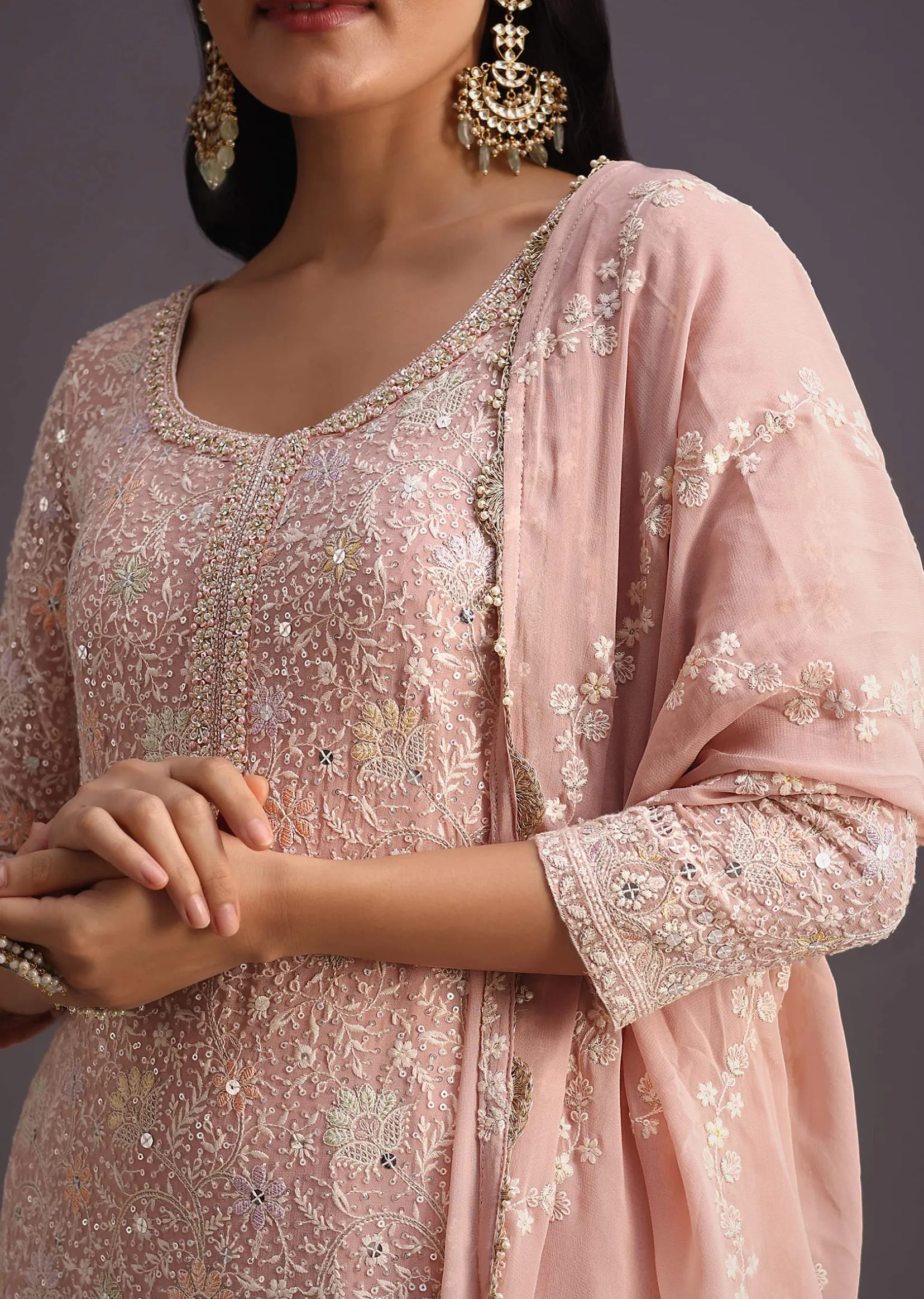 Peach Lucknowi Kurta Set With Resham Work Dupatta