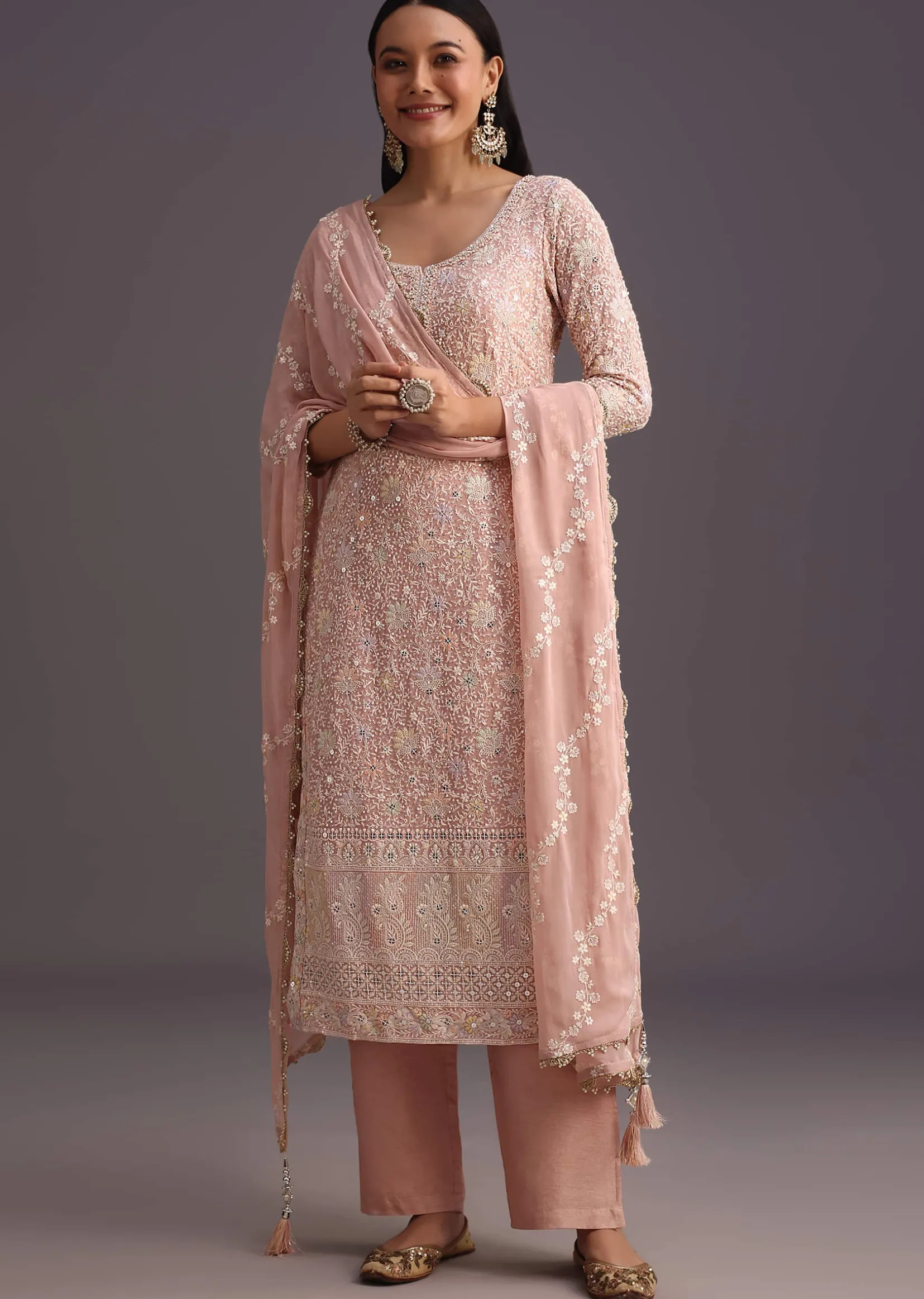Peach Lucknowi Kurta Set With Resham Work Dupatta