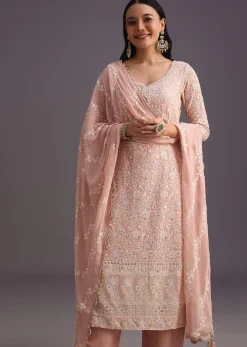 Peach Lucknowi Kurta Set With Resham Work Dupatta