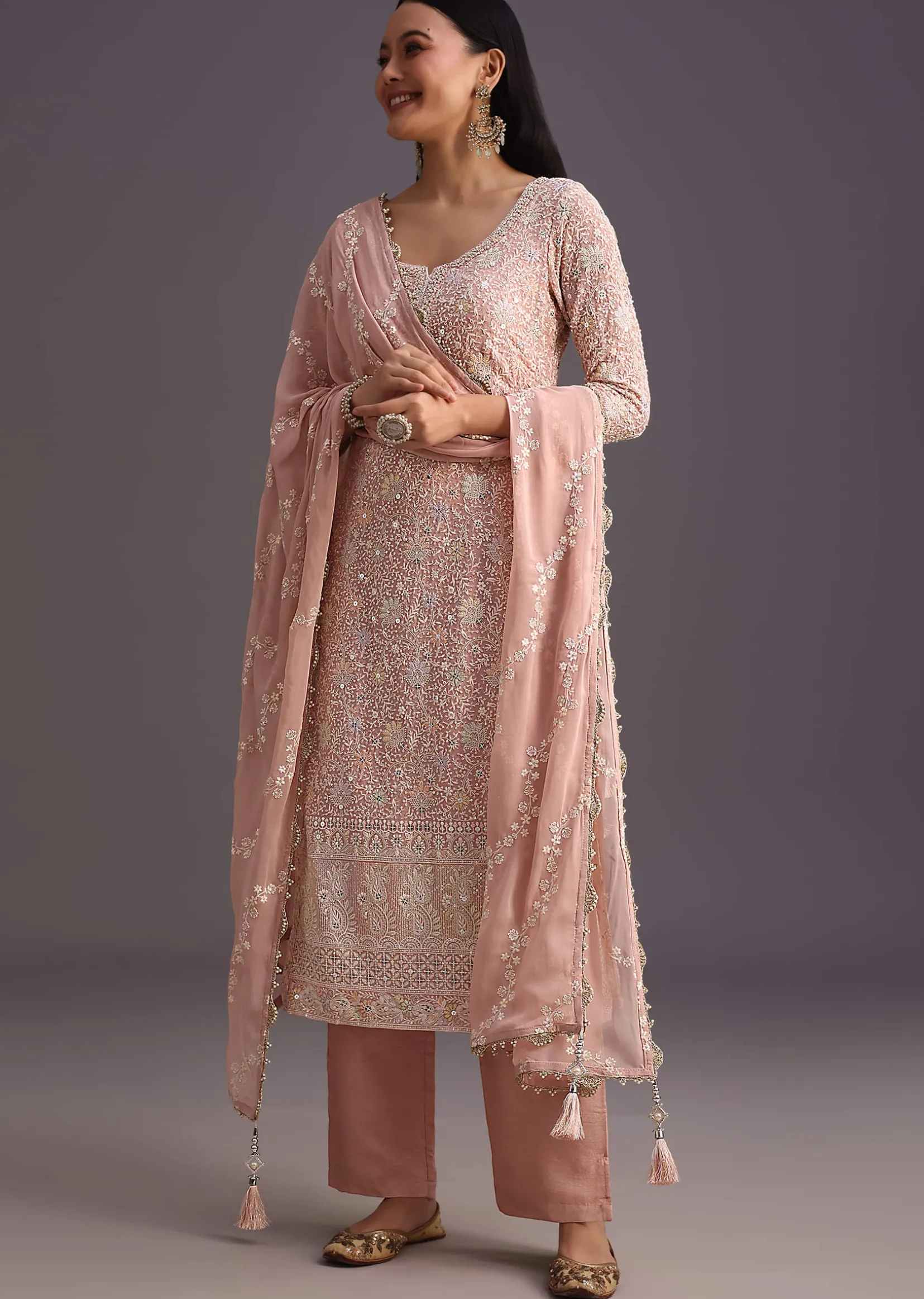 Peach Lucknowi Kurta Set With Resham Work Dupatta