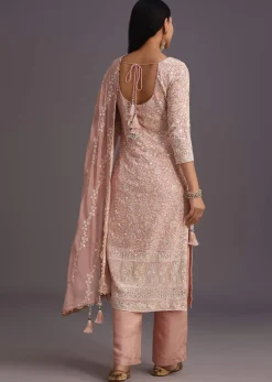 Peach Lucknowi Kurta Set With Resham Work Dupatta