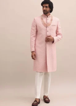 Peach Lucknowi Sherwani In Silk For Men