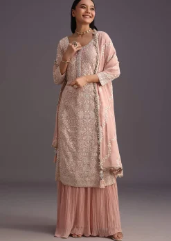 Peach Lucknowi Work Kurta Set With Flared Palazzo And Resham Dupatta