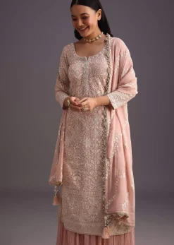 Peach Lucknowi Work Kurta Set With Flared Palazzo And Resham Dupatta