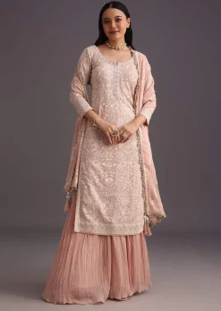 Peach Lucknowi Work Kurta Set With Flared Palazzo And Resham Dupatta