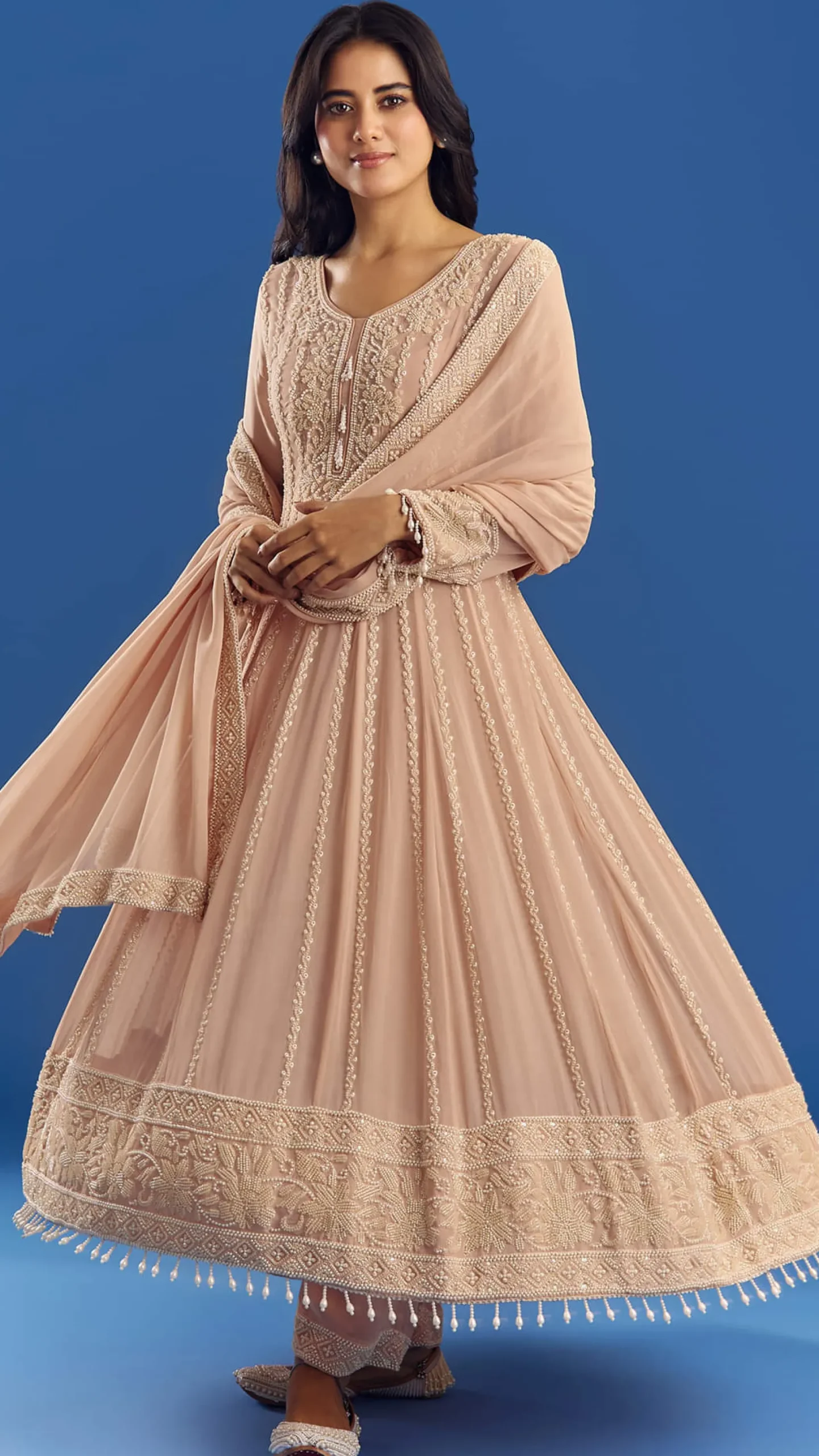 Peach Moti Beads Georgette Anarkali Set With Tassel Dupatta