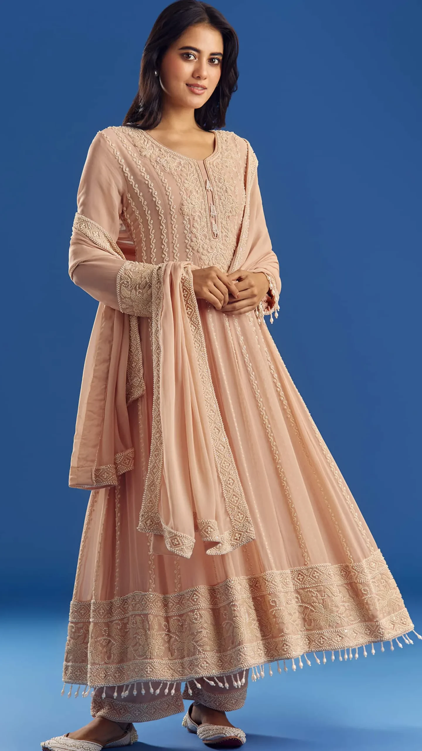 Peach Moti Beads Georgette Anarkali Set With Tassel Dupatta