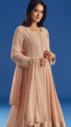 Peach Moti Beads Georgette Anarkali Set With Tassel Dupatta