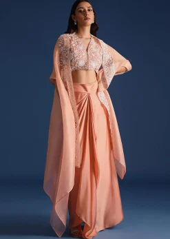 Peach Moti Work Jacket With Skirt And Crop Top