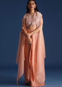 Peach Moti Work Jacket With Skirt And Crop Top
