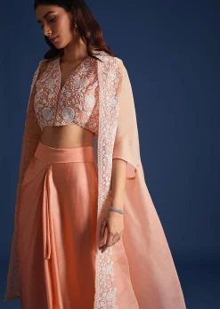 Peach Moti Work Jacket With Skirt And Crop Top