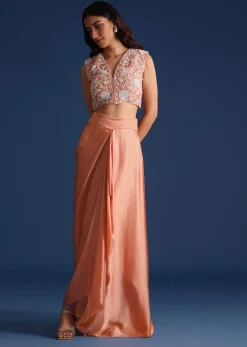 Peach Moti Work Jacket With Skirt And Crop Top