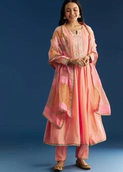 Peach Muslin Kurta Set With Gotta Lace Pant And Dupatta