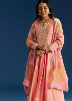 Peach Muslin Kurta Set With Gotta Lace Pant And Dupatta
