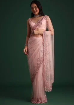 Peach Net Saree With Cutdana And Sequin Embroidery