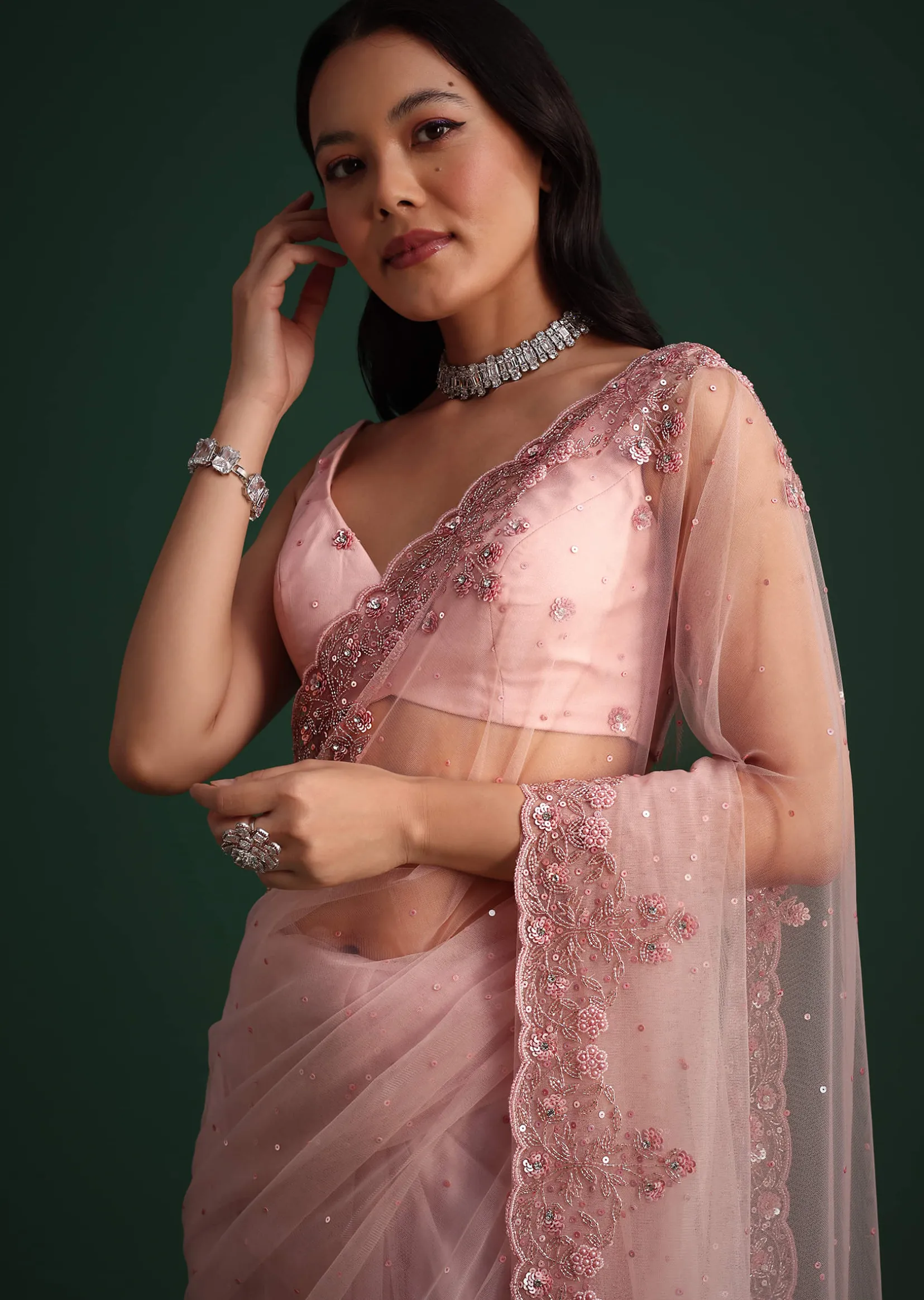 Peach Net Saree With Cutdana And Sequin Embroidery