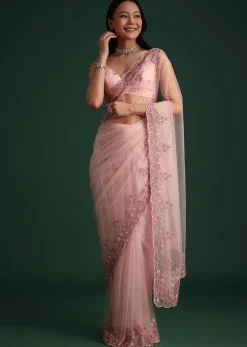 Peach Net Saree With Cutdana And Sequin Embroidery