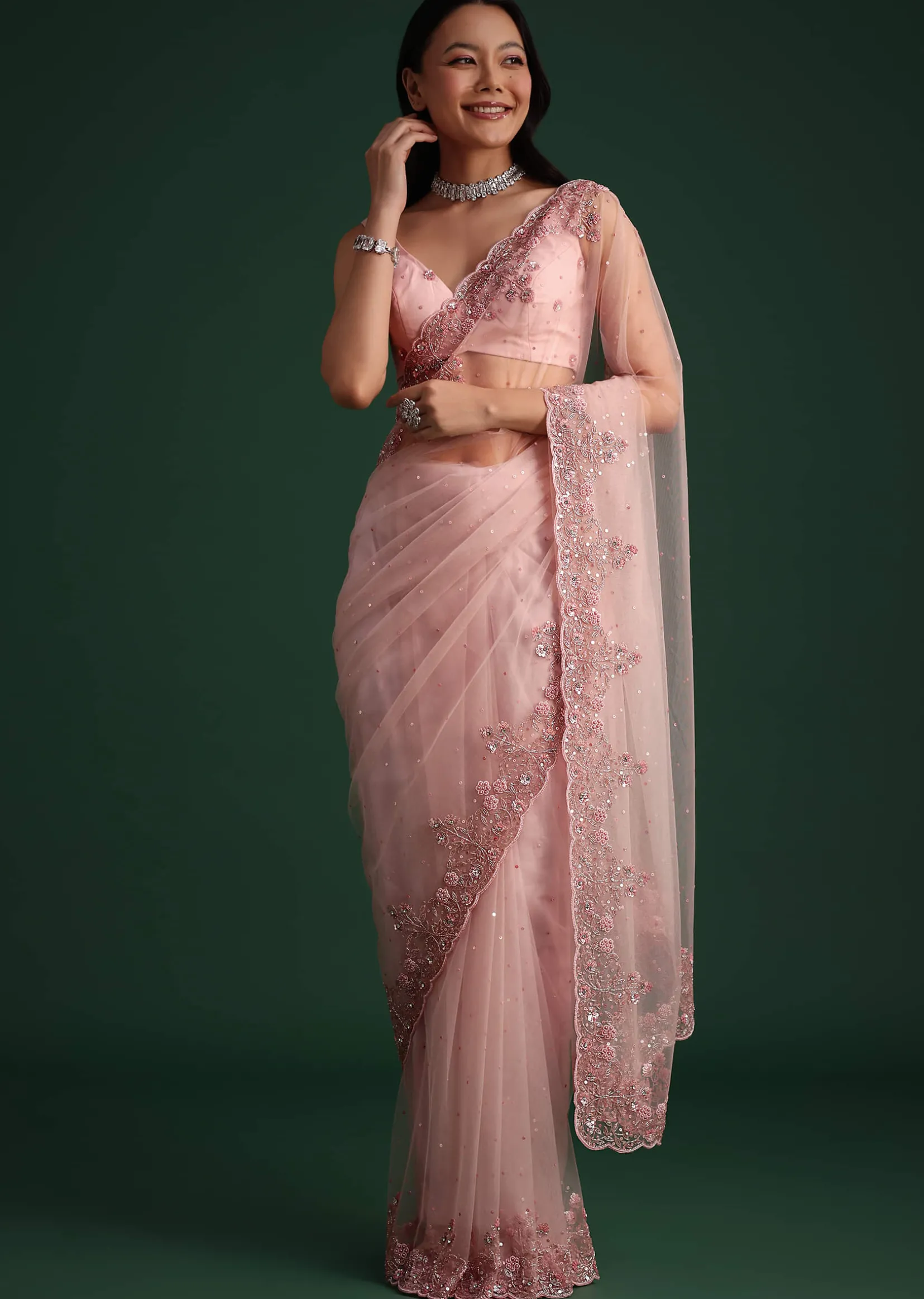 Peach Net Saree With Cutdana And Sequin Embroidery