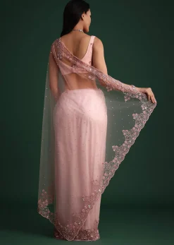 Peach Net Saree With Cutdana And Sequin Embroidery