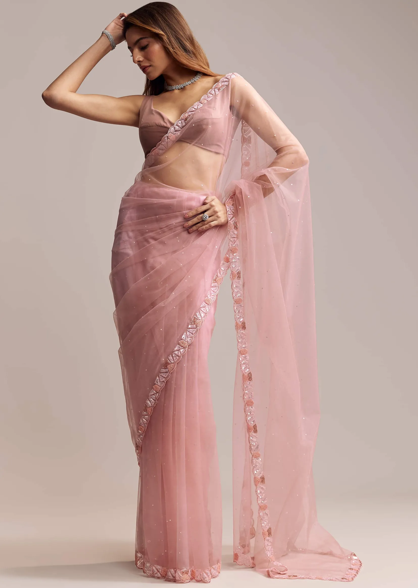 Peach Net Saree With Sequin Embroidery