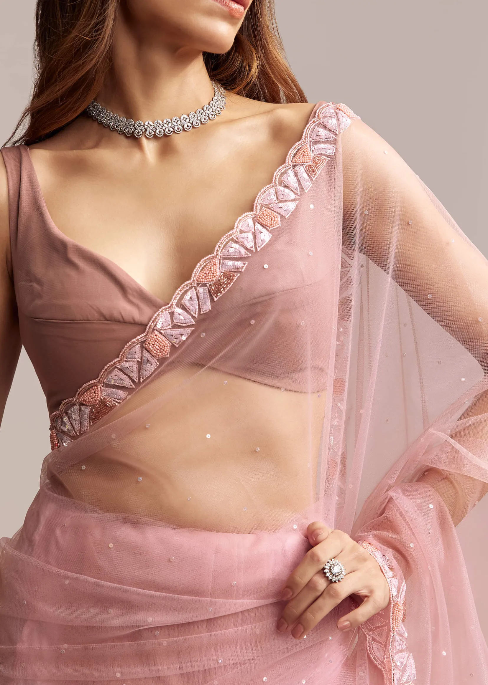 Peach Net Saree With Sequin Embroidery