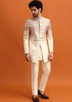 Peach Ombre Indowestern Set With Foil Work For Men