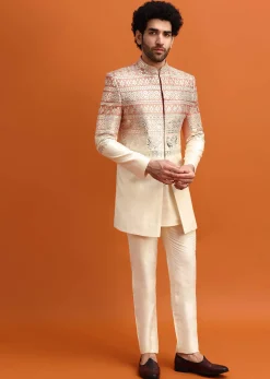 Peach Ombre Indowestern Set With Foil Work For Men