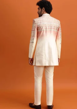 Peach Ombre Indowestern Set With Foil Work For Men