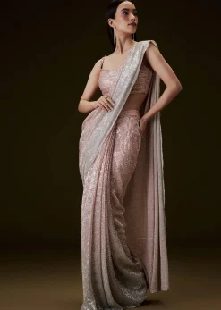Peach Ombre Pre Drape Saree With Off Shoulder Boat Neck Blouse