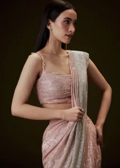 Peach Ombre Pre Drape Saree With Off Shoulder Boat Neck Blouse