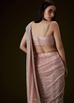 Peach Ombre Pre Drape Saree With Off Shoulder Boat Neck Blouse