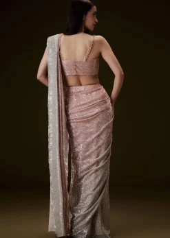Peach Ombre Pre Drape Saree With Off Shoulder Boat Neck Blouse