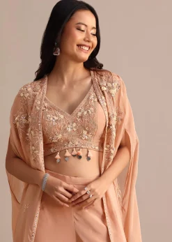 Peach Organza Crop Top Suit With Embroidered Jacket